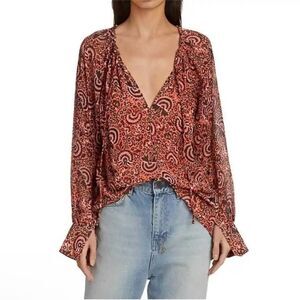 ALC Bryce Paisley 100% Silk Keyhole Tie Neck Flowy Boho Loose Printed Blouse 8